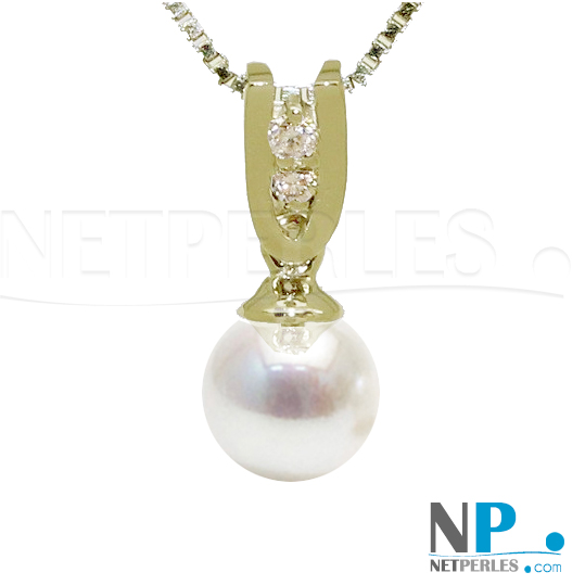 Pendentif Or Jaune 18k et diamants et perle d'akoya blanche AAA